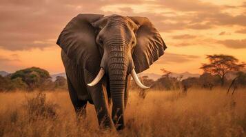 Foto von Elefant auf Savanne beim Sonnenuntergang. generativ ai