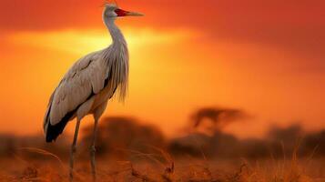 Foto von Sekretär Vogel auf Savanne beim Sonnenuntergang. generativ ai