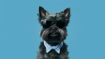 Foto von hochmütig affenpinscher Hund mit Brille und Büro passen auf Blau Hintergrund