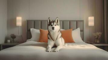 sibirisch heiser Hund Lügen auf Bett im Hotel mit zeitgenössisch Innere Design. generativ ai foto