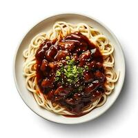 Foto von jjajangmyeon auf Teller isoliert auf Weiß Hintergrund. erstellt durch generativ ai