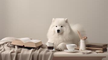 ein samoyed Hund im ein Sweatshirt sitzt studieren begleitet durch ein Tasse und Haufen von Bücher. generativ ai foto