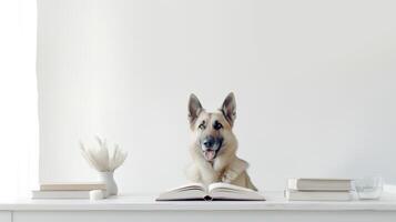 ein Deutsche Schäfer Hund im ein Sweatshirt sitzt studieren begleitet durch ein Tasse und Haufen von Bücher. generativ ai foto