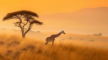 Foto von Giraffe auf Savanne beim Sonnenuntergang. generativ ai