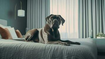 Stock Korso Hund Lügen auf Bett im Hotel mit zeitgenössisch Innere Design. generativ ai foto