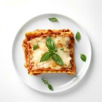 Essen Fotografie von Lasagne auf Teller isoliert auf Weiß Hintergrund. generativ ai foto