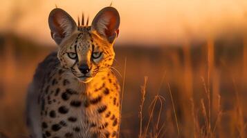 Foto von Serval auf Savanne beim Sonnenuntergang. generativ ai