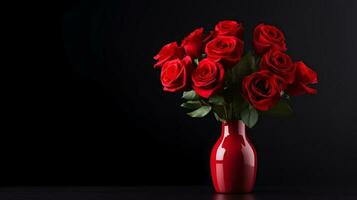 Foto von Rose Blumen im minimalistisch Vase wie Zimmerpflanze zum Zuhause Dekoration auf schwarz Hintergrund. generativ ai