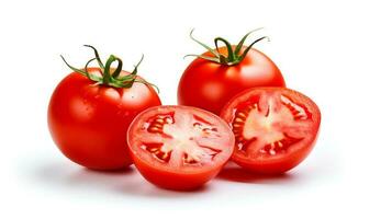 Foto von Tomaten und Scheibe von Tomate isoliert auf Weiß Hintergrund