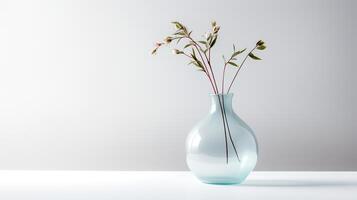 Foto von einer Stengel Pflanze im minimalistisch transparent Vase wie Zimmerpflanze zum Zuhause Dekoration auf warm Farbe Hintergrund. generativ ai