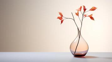 Foto von einer Stengel Pflanze im minimalistisch transparent Vase wie Zimmerpflanze zum Zuhause Dekoration auf warm Farbe Hintergrund. generativ ai