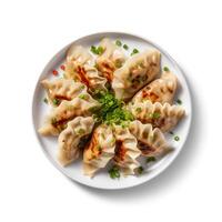 Foto von Gyoza auf Teller isoliert auf Weiß Hintergrund. erstellt durch generativ ai