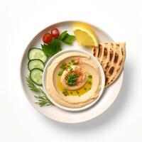 Foto von Hummus auf Teller isoliert auf Weiß Hintergrund. erstellt durch generativ ai