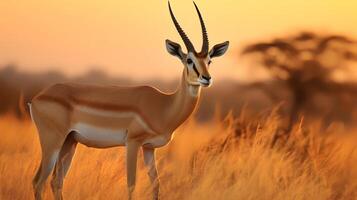 Foto von Zuschüsse Gazelle auf Savanne beim Sonnenuntergang. generativ ai