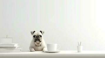 ein Bulldogge Hund im ein Gelb Kleider sitzt studieren begleitet durch ein Tasse und Haufen von Bücher foto