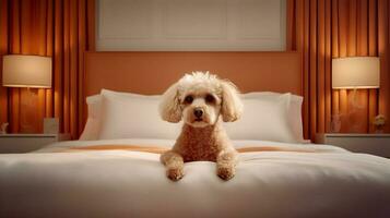 Pudel Hund Lügen auf Bett im Hotel mit zeitgenössisch Innere Design. generativ ai foto