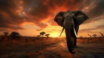 Foto von afrikanisch Elefant auf Savanne beim Sonnenuntergang. generativ ai