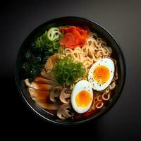 Essen Fotografie von Ramen auf dunkel Schüssel isoliert auf dunkel Hintergrund. generativ ai foto