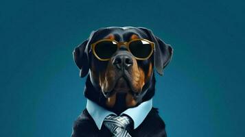 Foto von hochmütig Rottweiler Hund mit Sonnenbrille und Büro passen auf Weiß Hintergrund. generativ ai