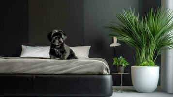 affenpinscher Hund Lügen auf Bett im Hotel mit zeitgenössisch Innere Design. generativ ai foto