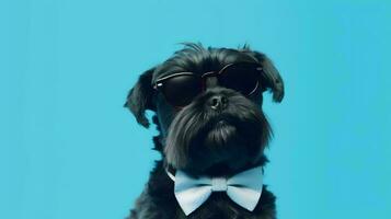 Foto von hochmütig affenpinscher Hund mit Brille und Büro passen auf Blau Hintergrund