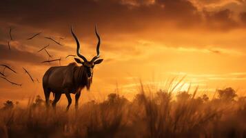 Foto von Gnus auf Savanne beim Sonnenuntergang. generativ ai