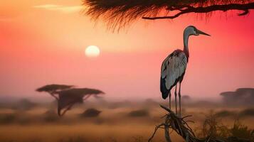 Foto von Marabu Storch auf Savanne beim Sonnenuntergang. generativ ai