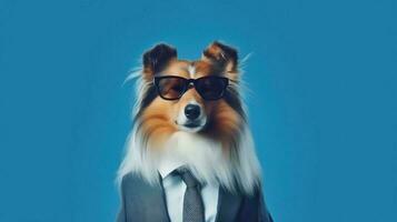 Foto von hochmütig Rau Collie Hund mit Sonnenbrille und Büro passen auf Weiß Hintergrund. generativ ai