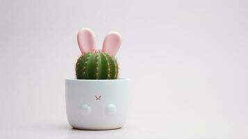 Foto von dekoriert Kaktus mit Hase Ohren wie Zimmerpflanze im minimalistisch Topf. generativ ai