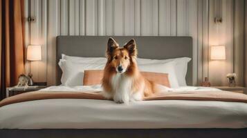 Rau Collie Hund Lügen auf Bett im Hotel mit zeitgenössisch Innere Design. generativ ai foto