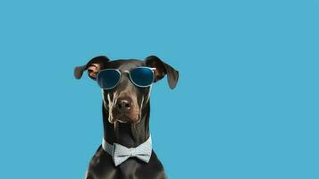 Foto von hochmütig Dobermann mit Sonnenbrille und Büro passen auf Weiß Hintergrund. generativ ai