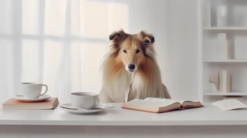 ein Rau Collie Hund im ein Sweatshirt sitzt studieren begleitet durch ein Tasse und Haufen von Bücher foto