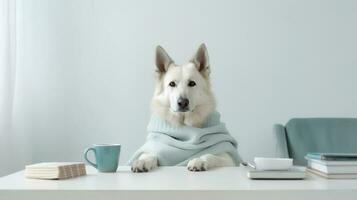 ein Deutsche Schäfer Hund im ein Sweatshirt sitzt studieren begleitet durch ein Tasse und Haufen von Bücher. generativ ai foto