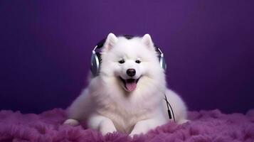 Foto von samoyed mit Kopfhörer auf lila Hintergrund. generativ ai