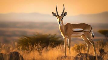 Foto von Zuschüsse Gazelle auf Savanne beim Sonnenuntergang. generativ ai