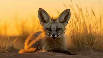 Foto von Schläger ohrig Fuchs auf Savanne beim Sonnenuntergang. generativ ai