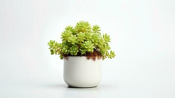 Foto von Sedum im minimalistisch Topf wie Zimmerpflanze zum Zuhause Dekoration isoliert auf Weiß Hintergrund. generativ ai