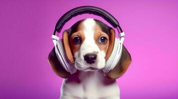 Foto von Beagle mit Kopfhörer auf lila Hintergrund