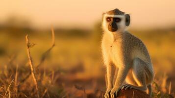 Foto von vervet Affe auf Savanne beim Sonnenuntergang. generativ ai