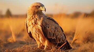 Foto von gelbbraun Adler auf Savanne beim Sonnenuntergang. generativ ai