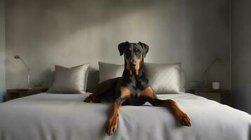 Dobermann Hund Lügen auf Bett im Hotel mit zeitgenössisch Innere Design. generativ ai foto