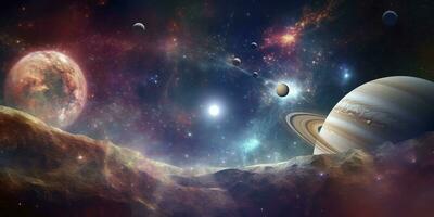 Raum Hintergrund Banner Hintergrund. atemberaubend Aussicht von ein kosmisch Galaxis mit Planeten und Raum Objekte. Elemente von diese Bild möbliert durch NASA, generieren ai foto