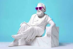 ein Weiß Statue von Plato im ein cool Pose, tragen Magenta und cyan 3d Gläser, bereit zu Party. ai generativ foto