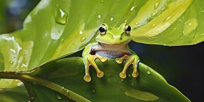 pummelig Frosch auf Blätter, Frosch, Amphibie, Reptil. generativ ai foto