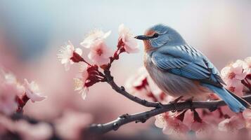 Vögel Sitzung im ein Baum gefüllt mit Kirsche blühen Blumen. generativ ai foto