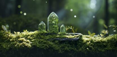 Kristalle mit Mond Phasen Bild von Moos im ein mysteriös Wald, natürlich Hintergrund. generativ ai foto
