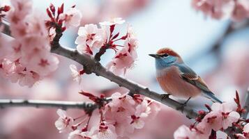 Vögel Sitzung im ein Baum gefüllt mit Kirsche blühen Blumen. generativ ai foto