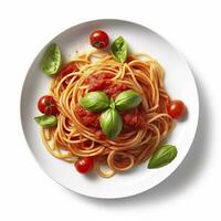 köstlich Teller von Spaghetti mit Tomate Soße auf ein Weiß Hintergrund generativ ai foto