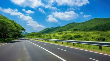 Illustration Bild von Landschaft mit Land Straße, leeren Asphalt Straße auf Blau wolkig Himmel Hintergrund. Mehrfarbig beschwingt draußen horizontal Bild, generativ ai Illustration foto