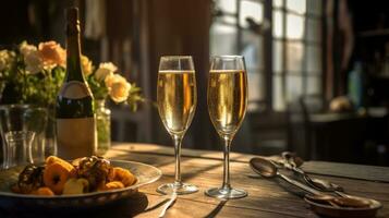 romantisch Abendessen mit Champagner. generativ ai Technologie. foto